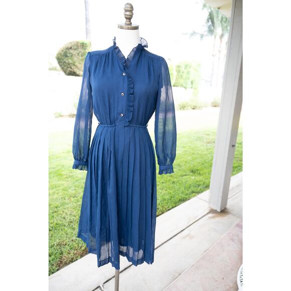 Vintage Navy Blue Sheer Cottage Core Prairie Dress Halloween Costume - Picture 3 of 10